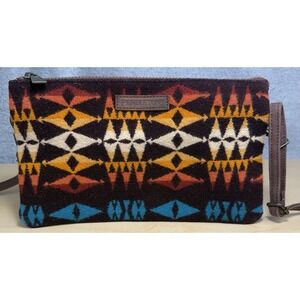 Pendleton Purse Hand Bag With Strap 5 Pocket Wool Leather Aztec Print Western‎